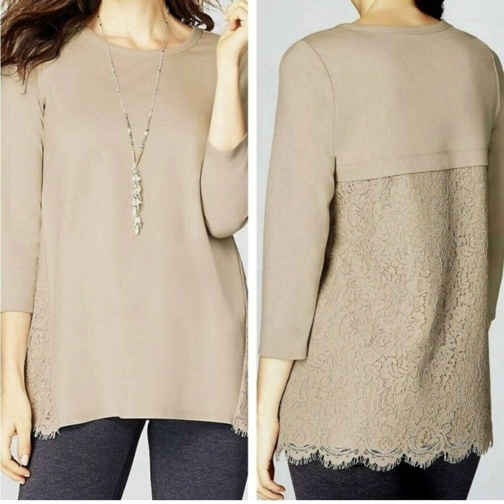 J. JILL POINTE KNIT TUNIC DRESSY LACE TOP BACK BEIGE